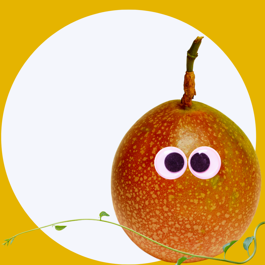 Whole reddish Passionfruit with googly eyes with a stem of a vine 